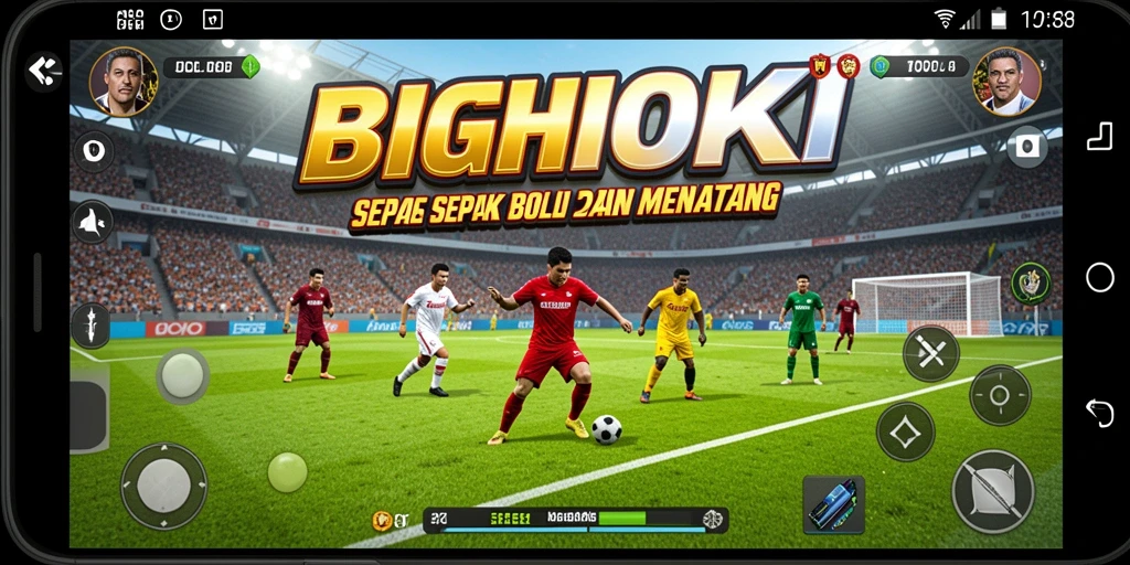 Tampilan gameplay seru dalam BIGHOKI dengan aksi sepak bola yang mendebarkan.