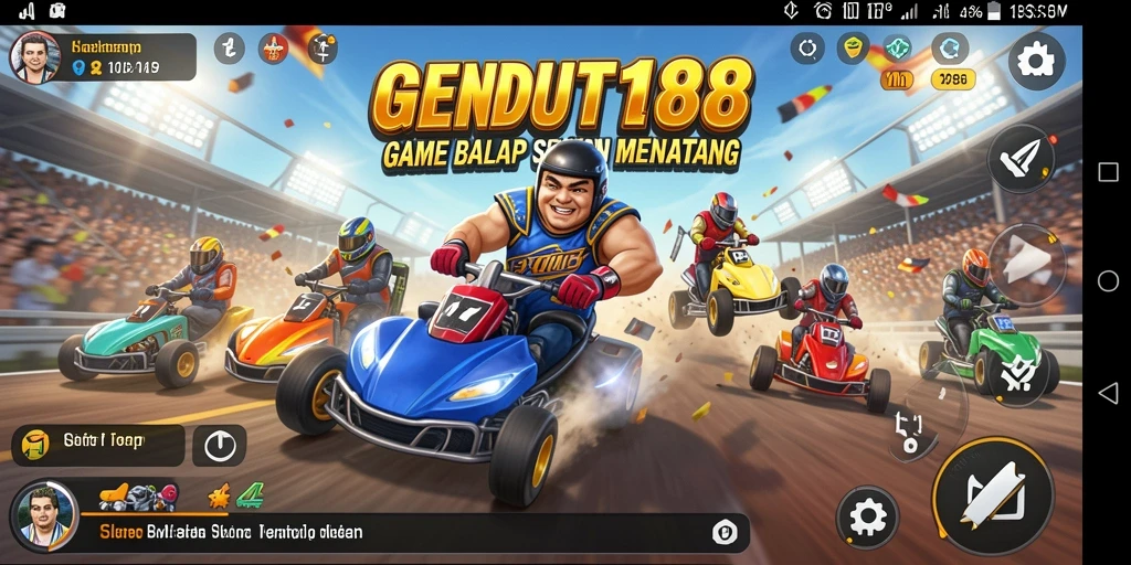 Gameplay Racing GENDUT188 dengan mobil balap yang melaju kencang di lintasan.
