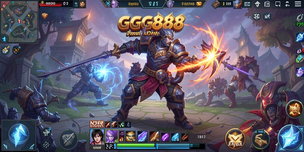 Tangkapan layar menampilkan aksi seru dalam GGG888 dengan gameplay MOBA yang intens.
