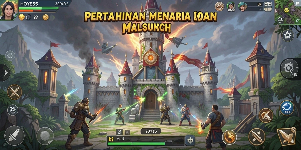Menara bertahan dan musuh menyerang dalam gameplay HOYE55.
