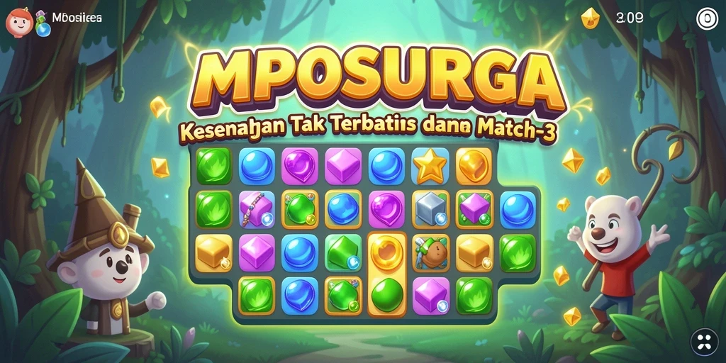 Screenshot MPOSURGA menunjukkan gameplay seru dengan permata berwarna-warni.