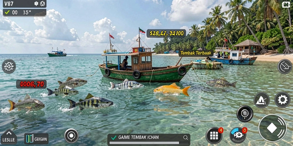 Screenshot gameplay V87 menampilkan aksi menembak ikan yang seru.